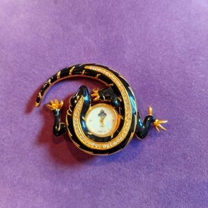 IVANA TRUMP LG VTG LIZARD SALAMANDER WATCH BROOCH Gold Tone Enamel Rhinestone